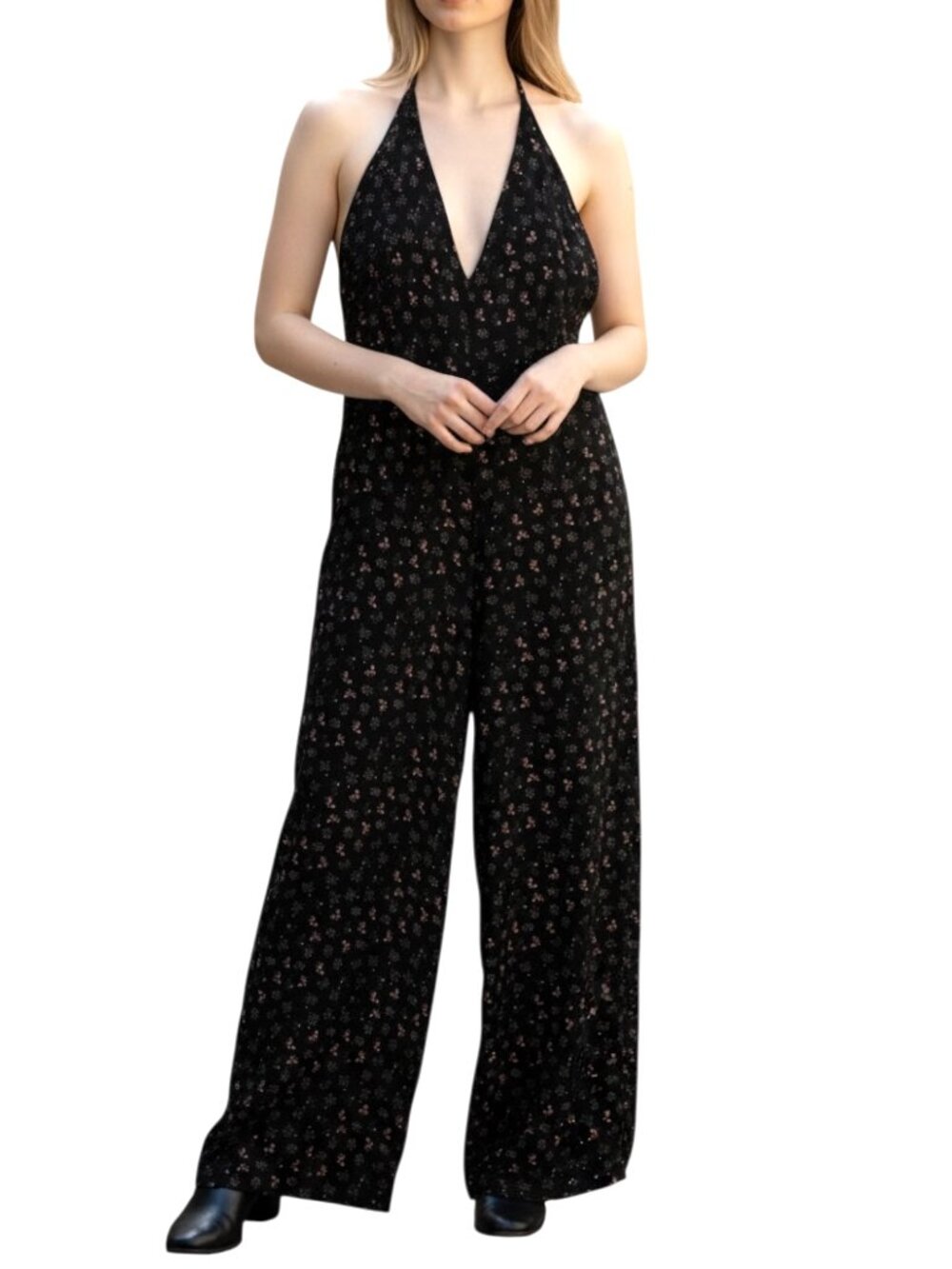 Reformed Halter Romper Lace T Back Ditzy Floral Black Pink Purple XS